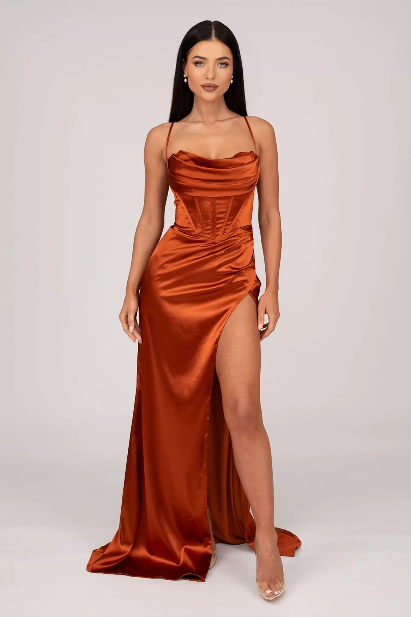 Women NBLUXE Dresses | Black Tie Dresses>AYANA Corset Satin Gown - Burnt Orange