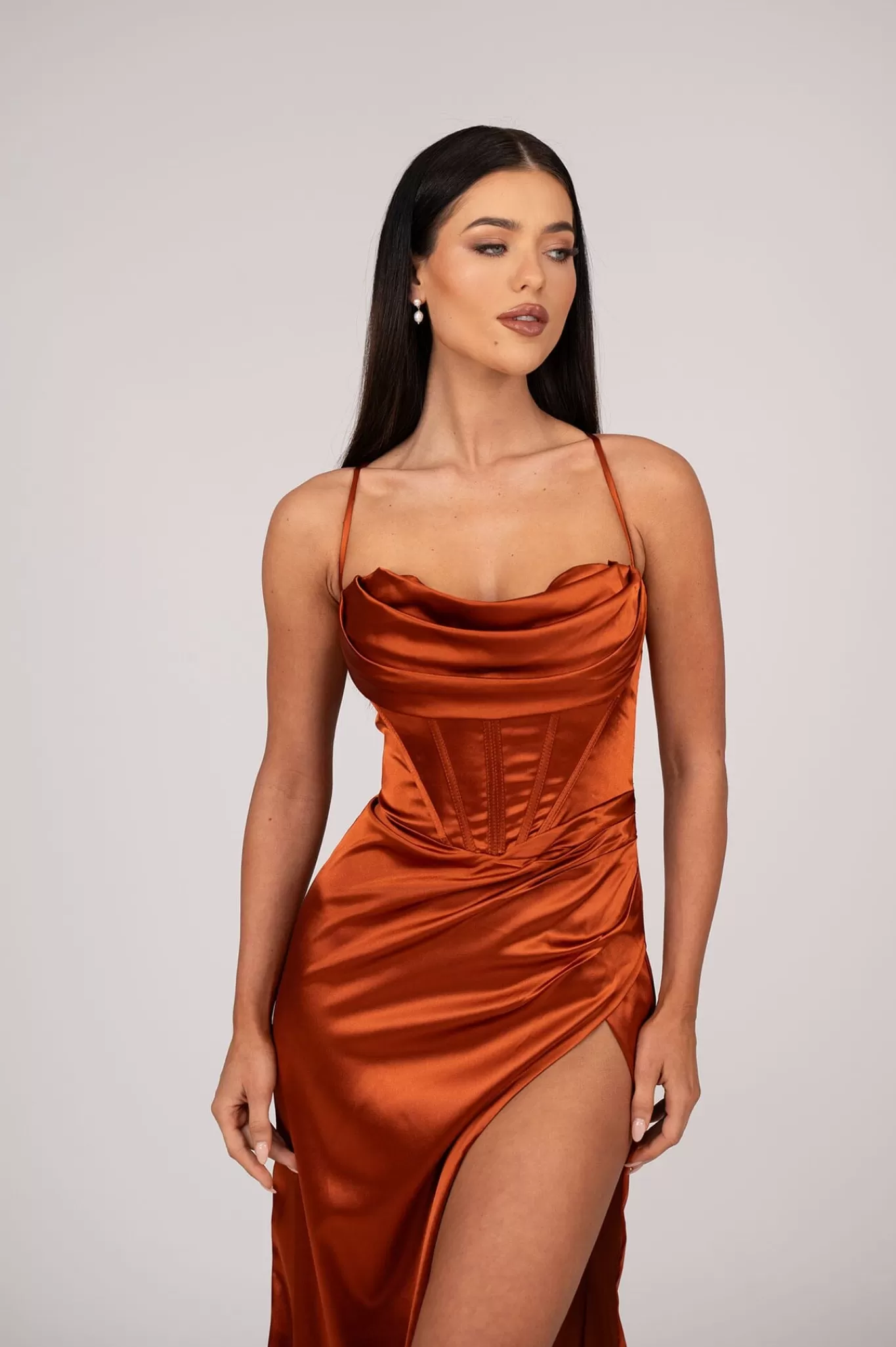 Women NBLUXE Dresses | Black Tie Dresses>AYANA Corset Satin Gown - Burnt Orange
