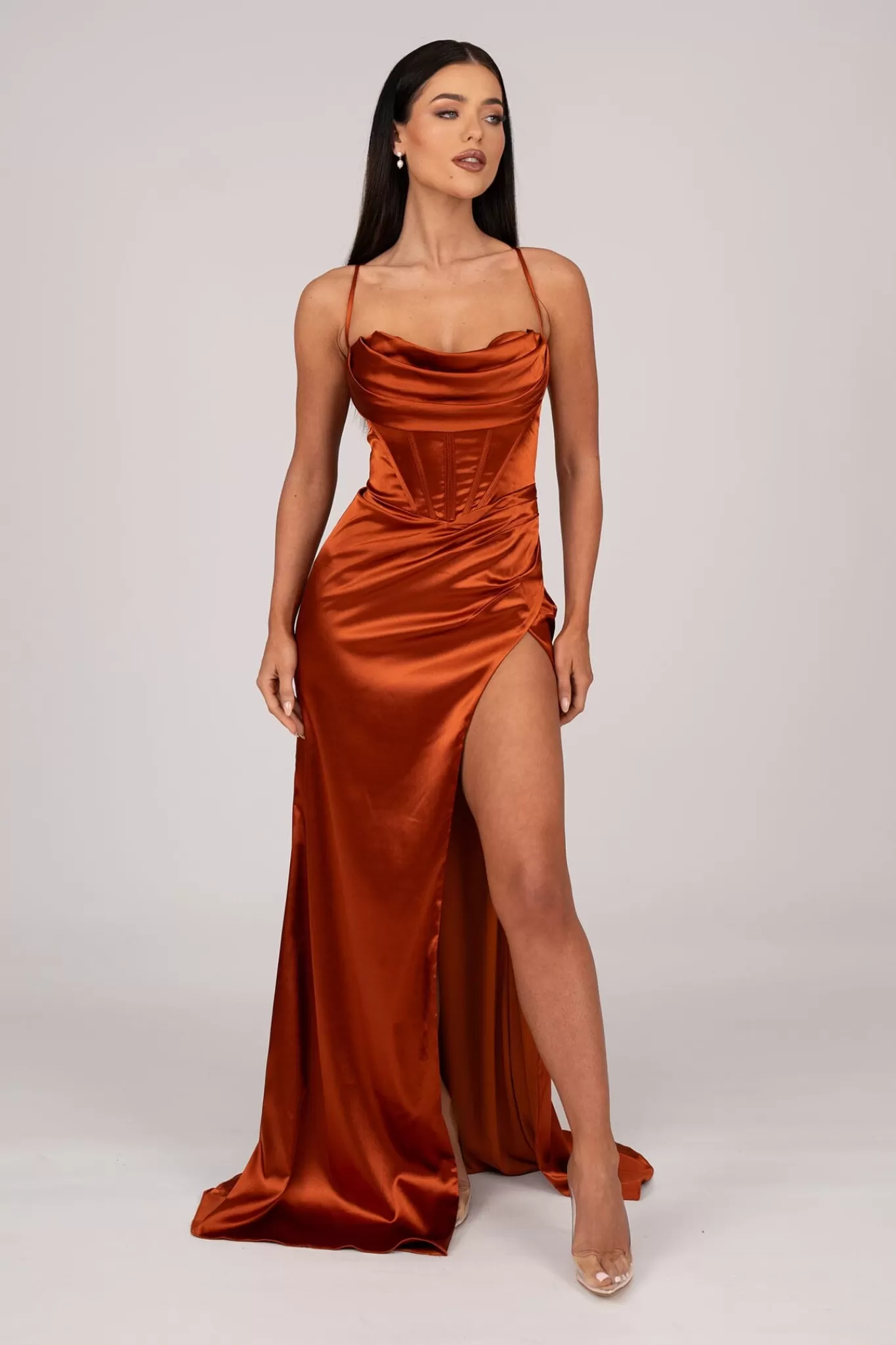 Women NBLUXE Dresses | Black Tie Dresses>AYANA Corset Satin Gown - Burnt Orange