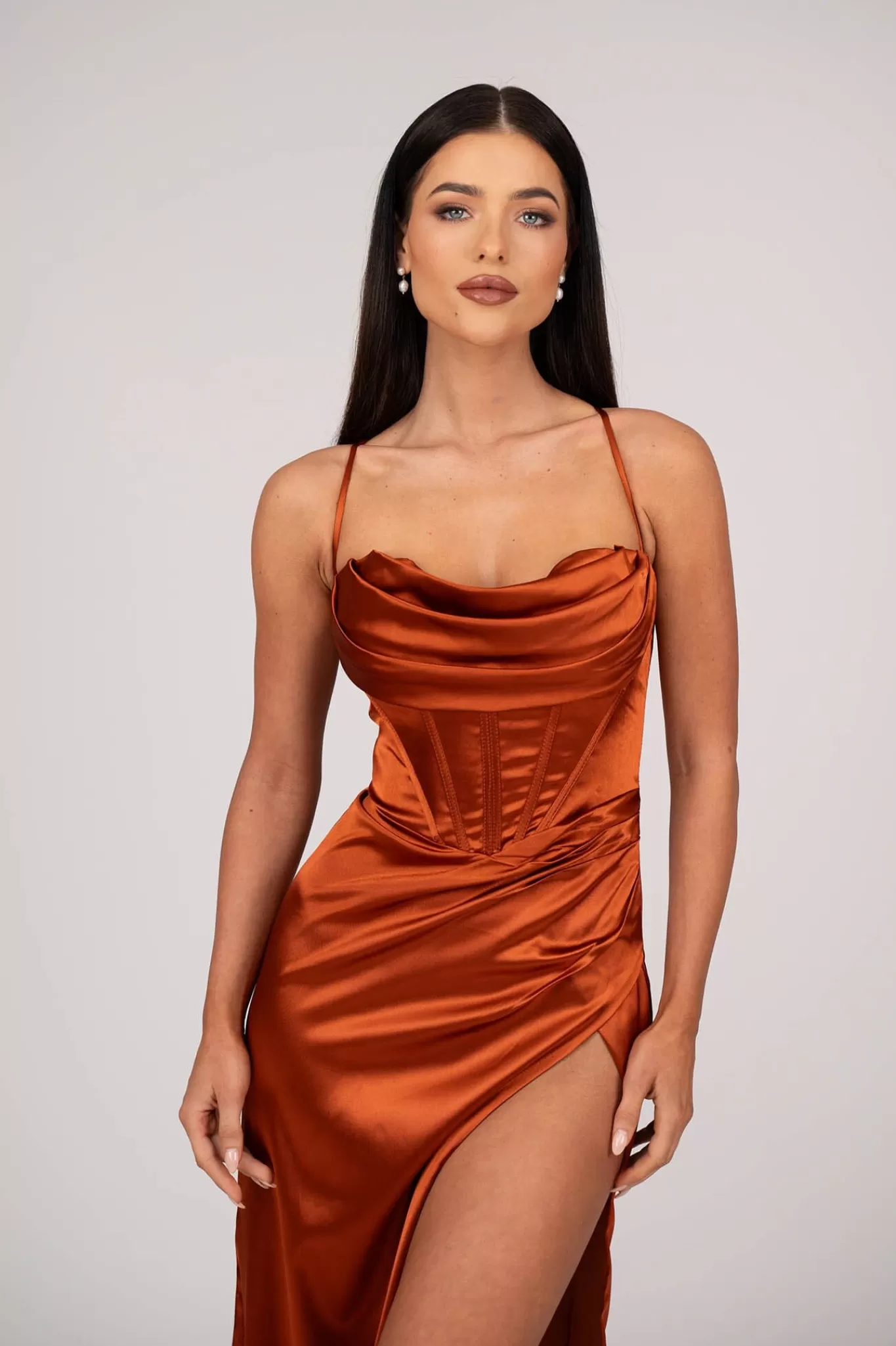 Women NBLUXE Dresses | Black Tie Dresses>AYANA Corset Satin Gown - Burnt Orange