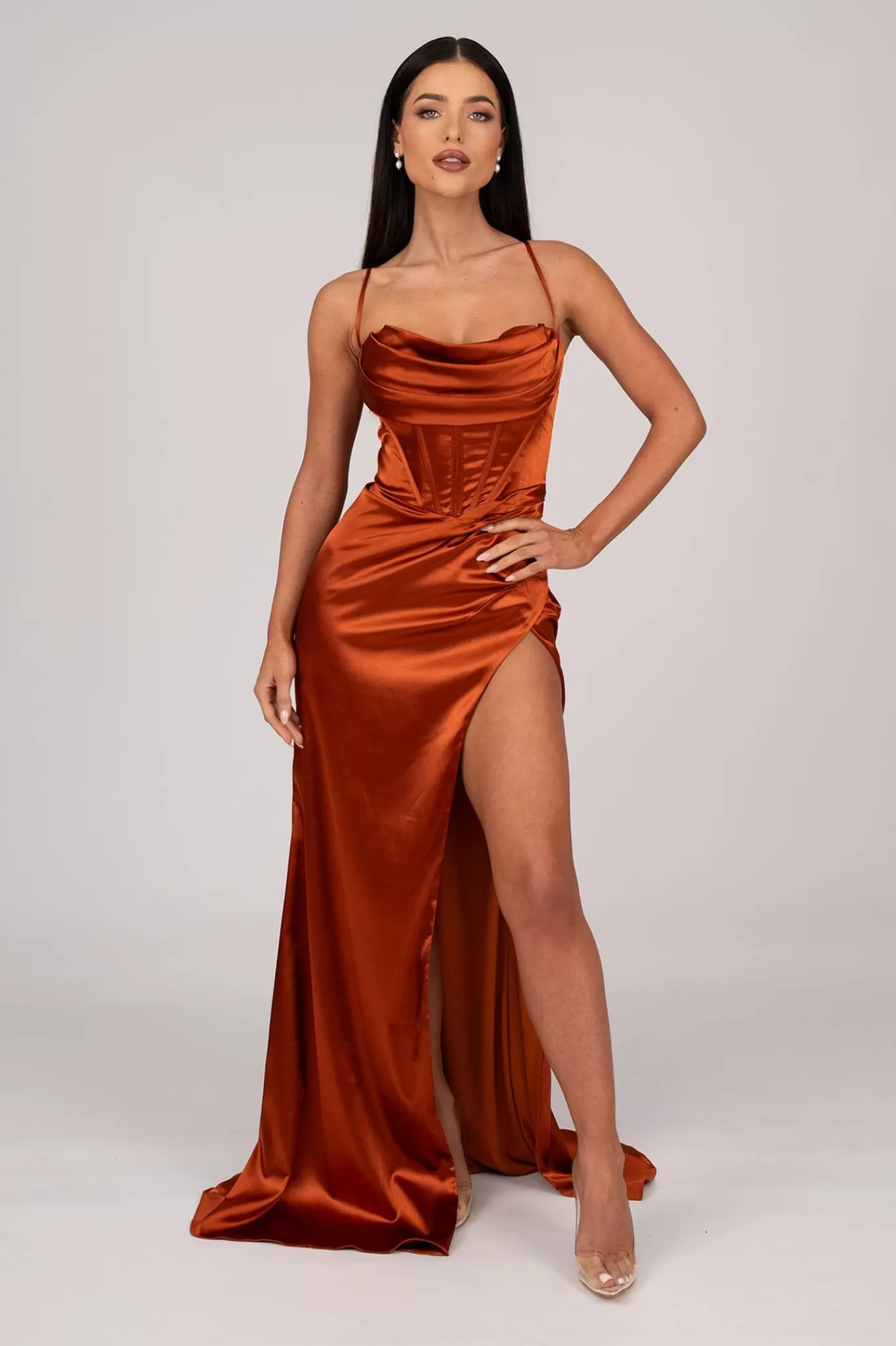 Women NBLUXE Dresses | Black Tie Dresses>AYANA Corset Satin Gown - Burnt Orange