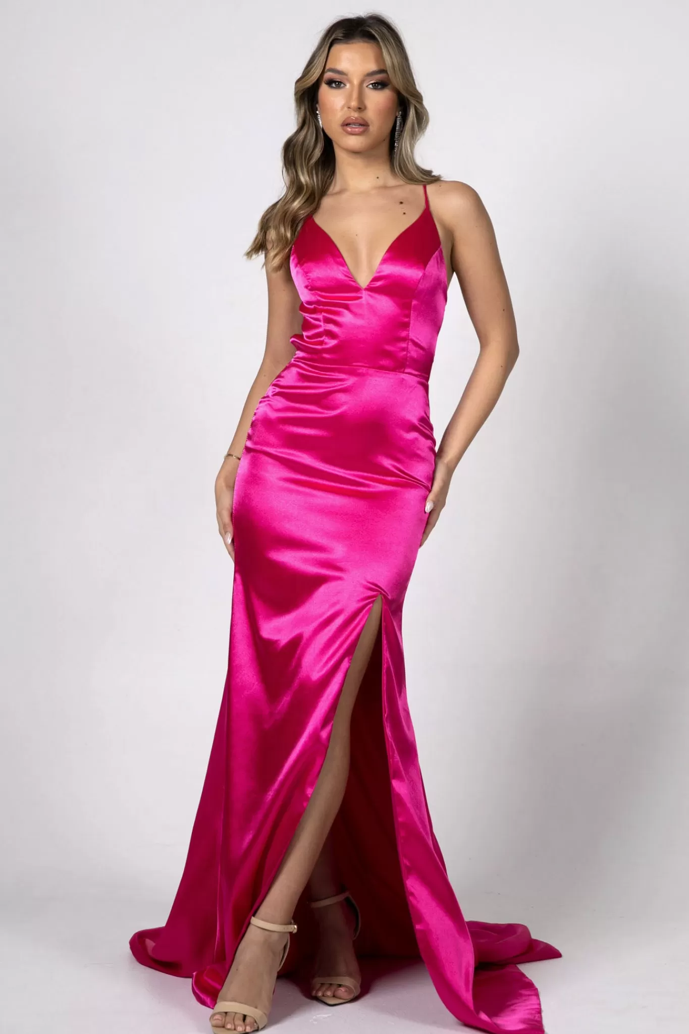 Women NBLUXE Dresses | Backless Dresses>ELECTRA Lace Up Back Front Slit Satin Gown - Bright Pink