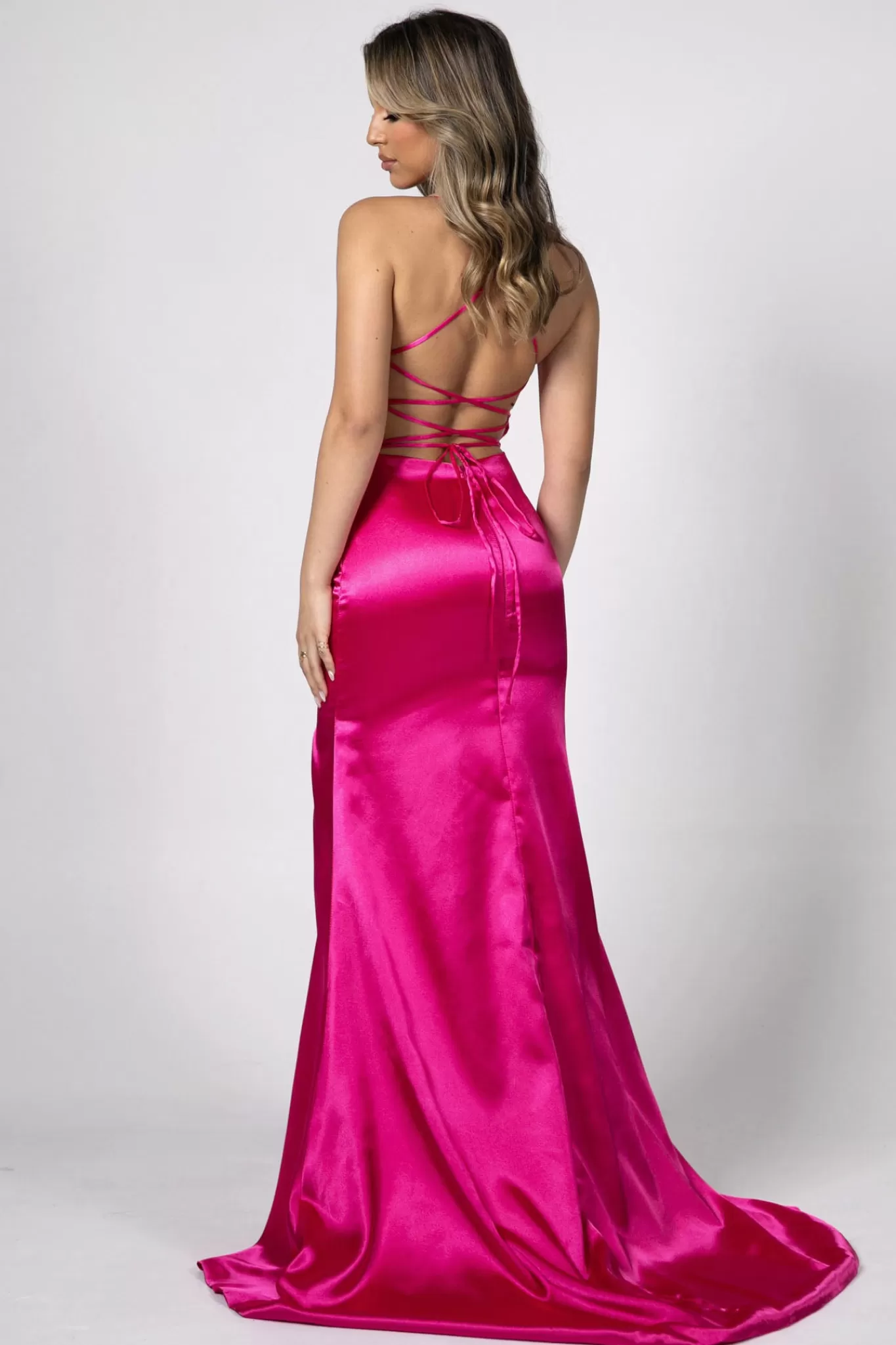 Women NBLUXE Dresses | Backless Dresses>ELECTRA Lace Up Back Front Slit Satin Gown - Bright Pink