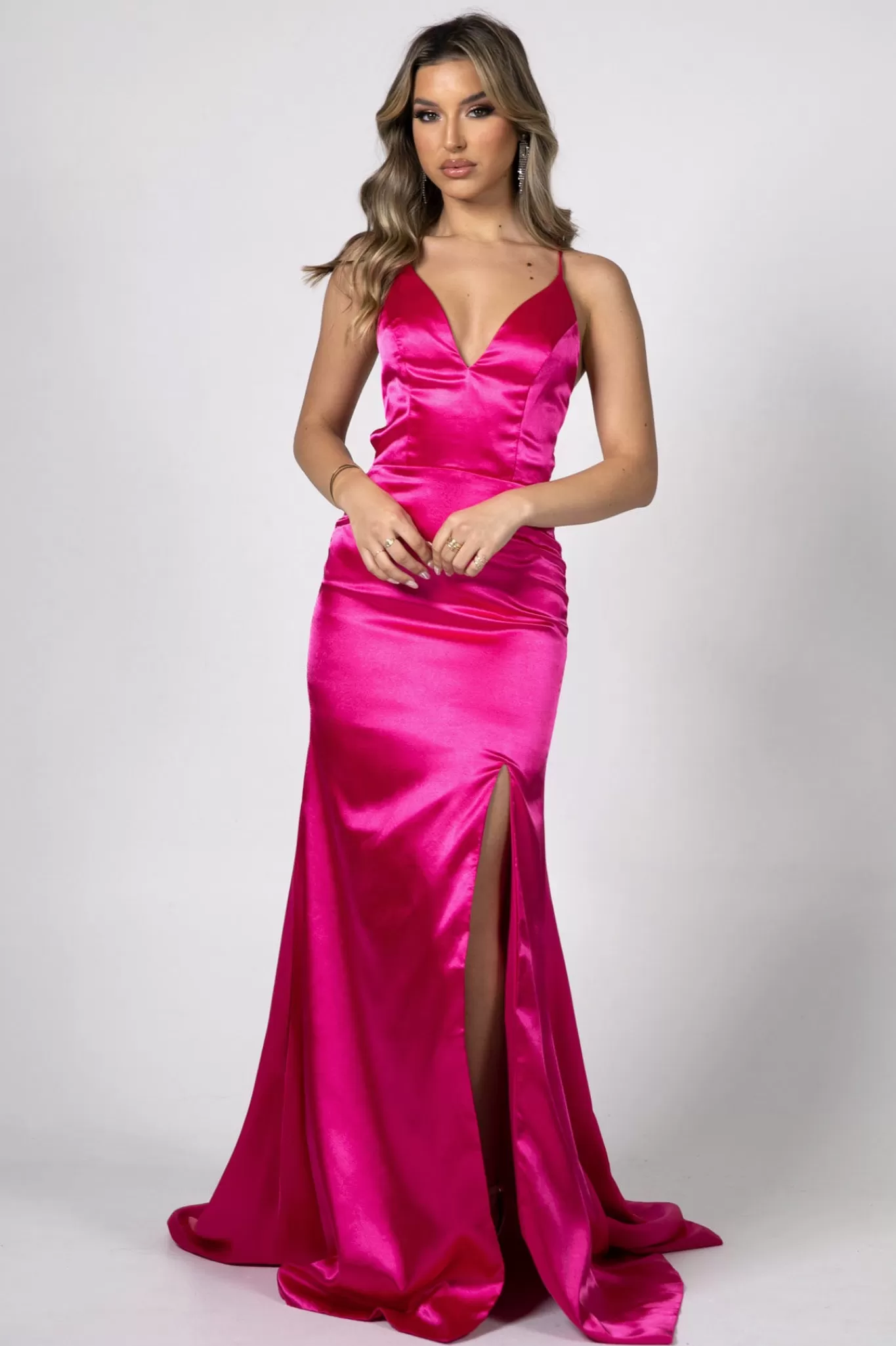 Women NBLUXE Dresses | Backless Dresses>ELECTRA Lace Up Back Front Slit Satin Gown - Bright Pink