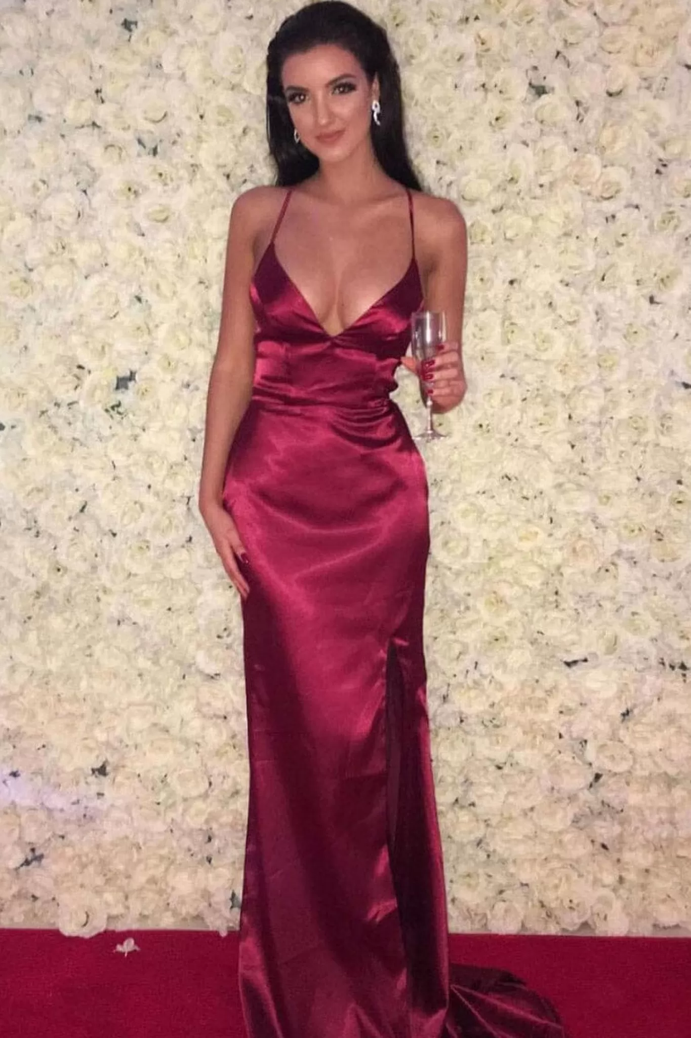 Women NBLUXE Dresses | Backless Dresses>ELECTRA Lace Up Back Front Slit Satin Gown - Deep Red