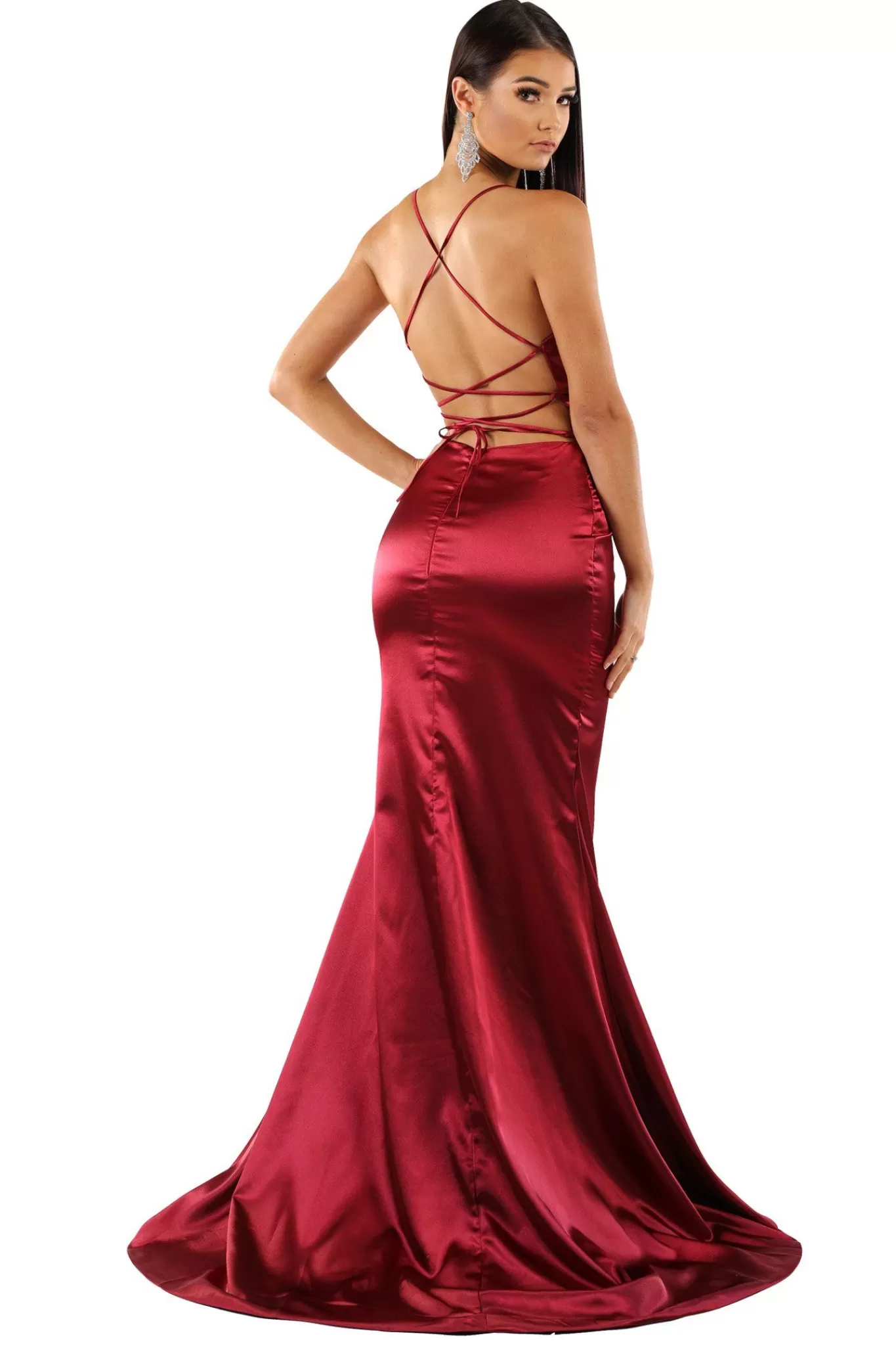 Women NBLUXE Dresses | Backless Dresses>ELECTRA Lace Up Back Front Slit Satin Gown - Deep Red