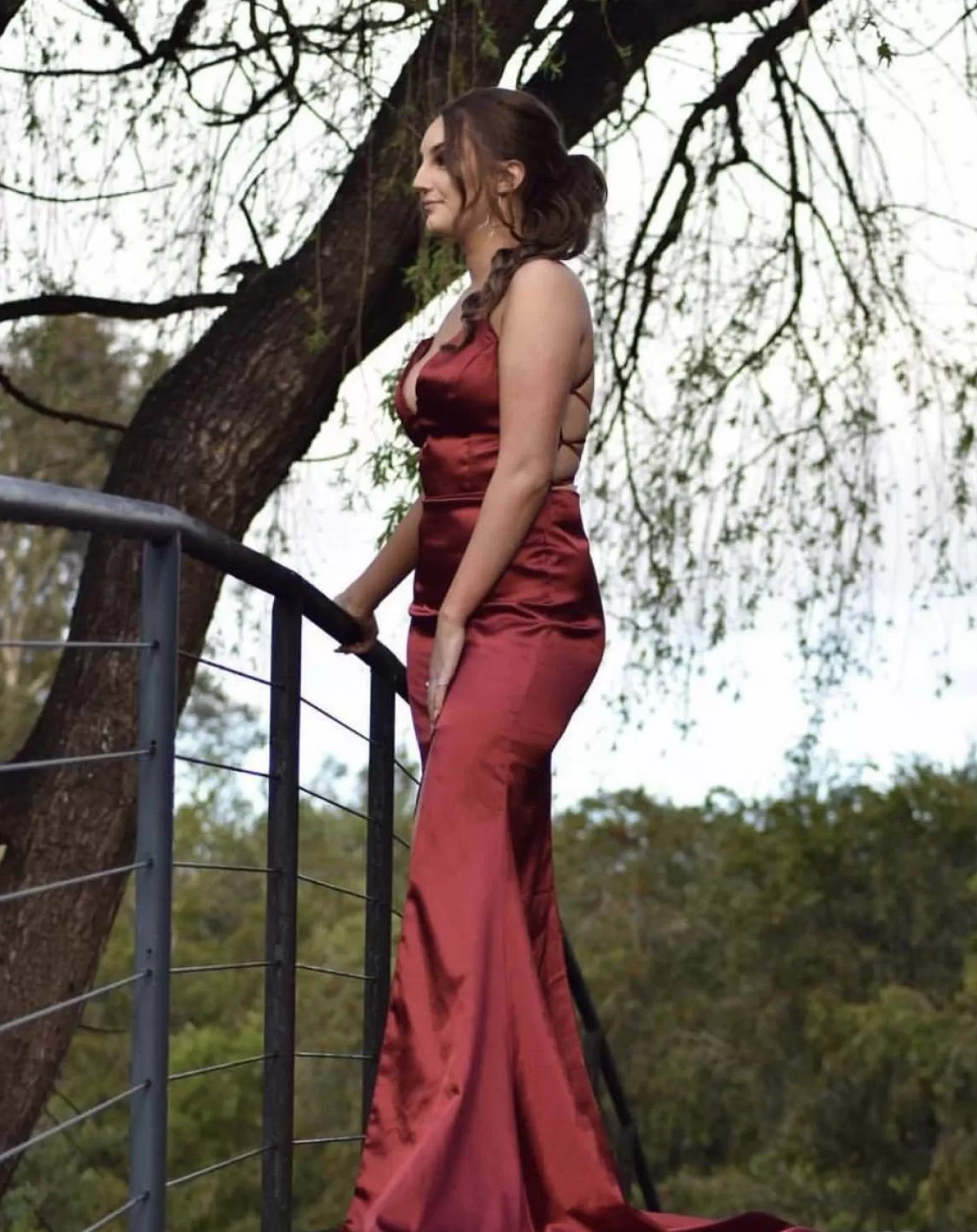 Women NBLUXE Dresses | Backless Dresses>ELECTRA Lace Up Back Front Slit Satin Gown - Deep Red