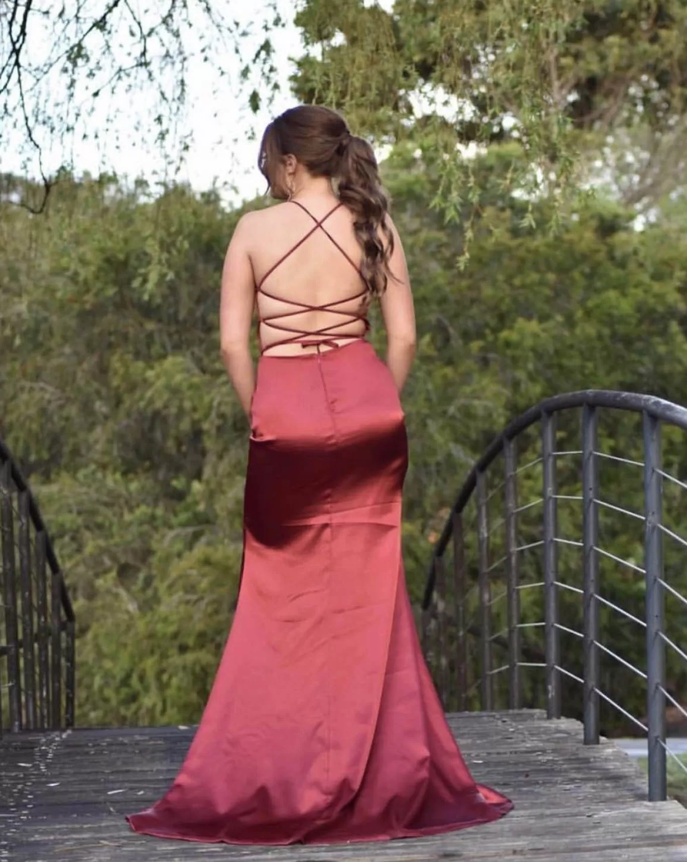 Women NBLUXE Dresses | Backless Dresses>ELECTRA Lace Up Back Front Slit Satin Gown - Deep Red