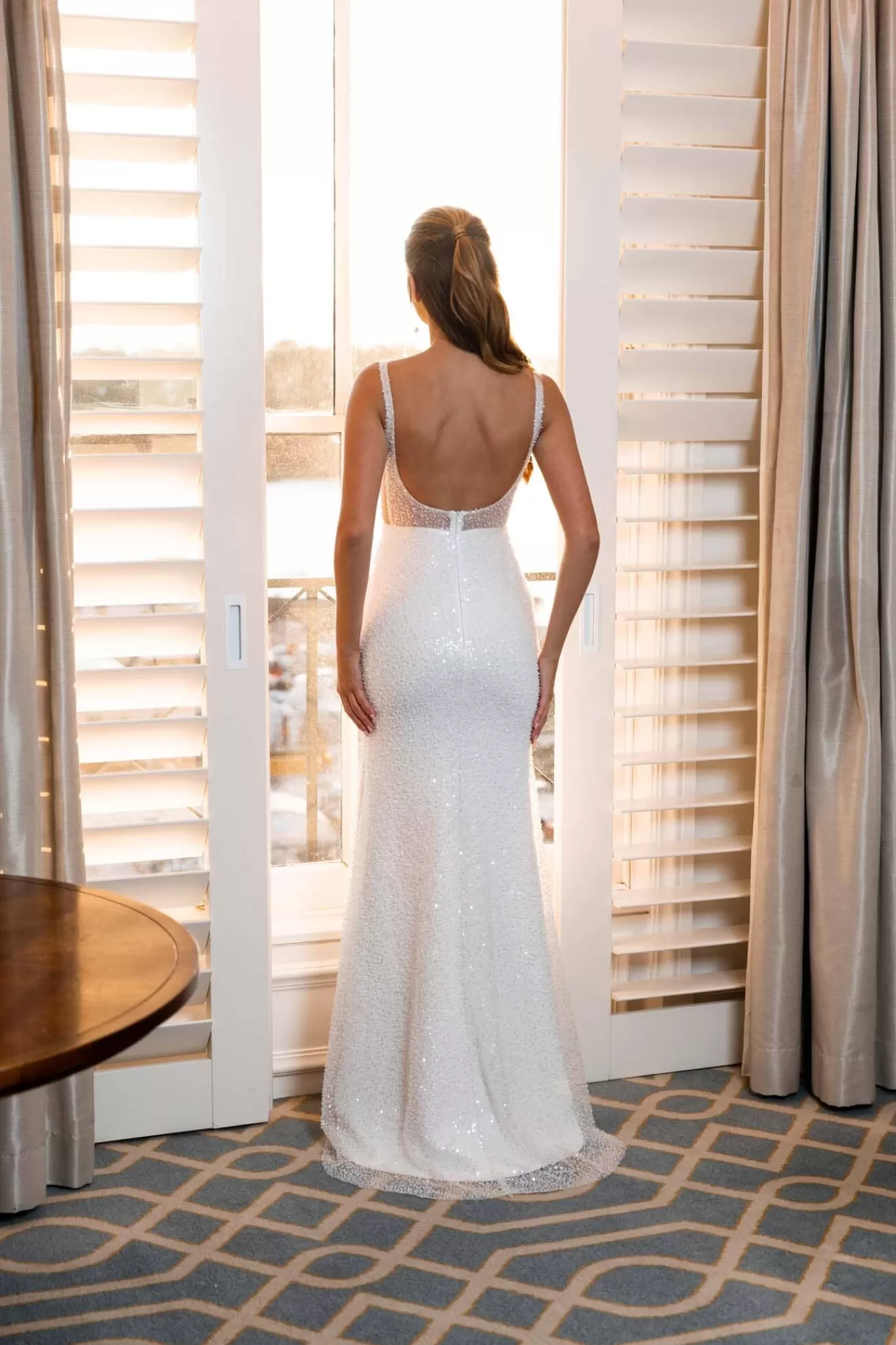 Women NBLUXE Plus Size | Dresses>MILANA Sheer Corset Beaded Gown - Ivory