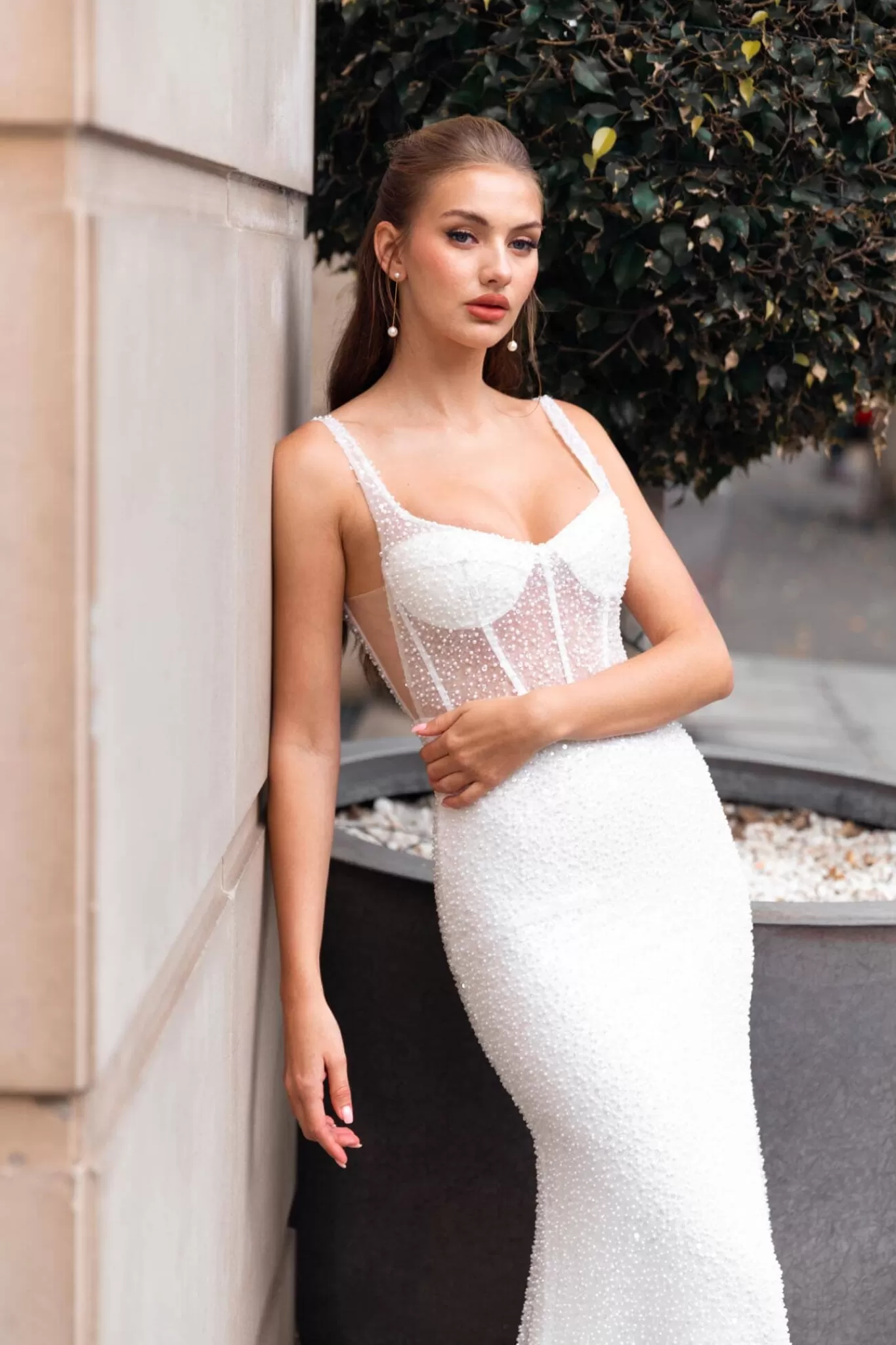 Women NBLUXE Plus Size | Dresses>MILANA Sheer Corset Beaded Gown - Ivory