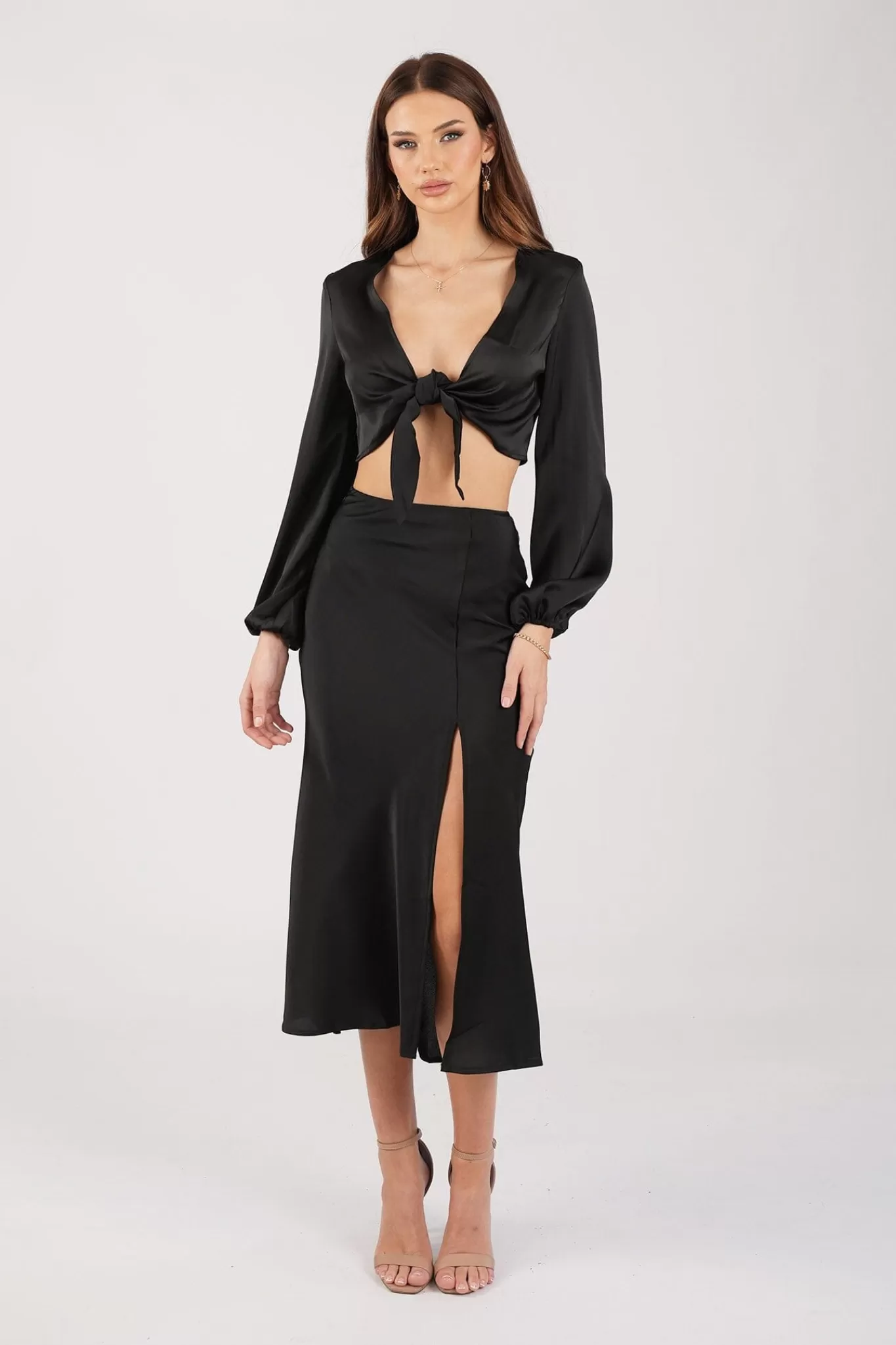 Women Style State Two-Piece Outfits | Long Sleeve Dresses>Quinn Satin Set - Long Sleeve Crop Top and Midi Skirt in Black