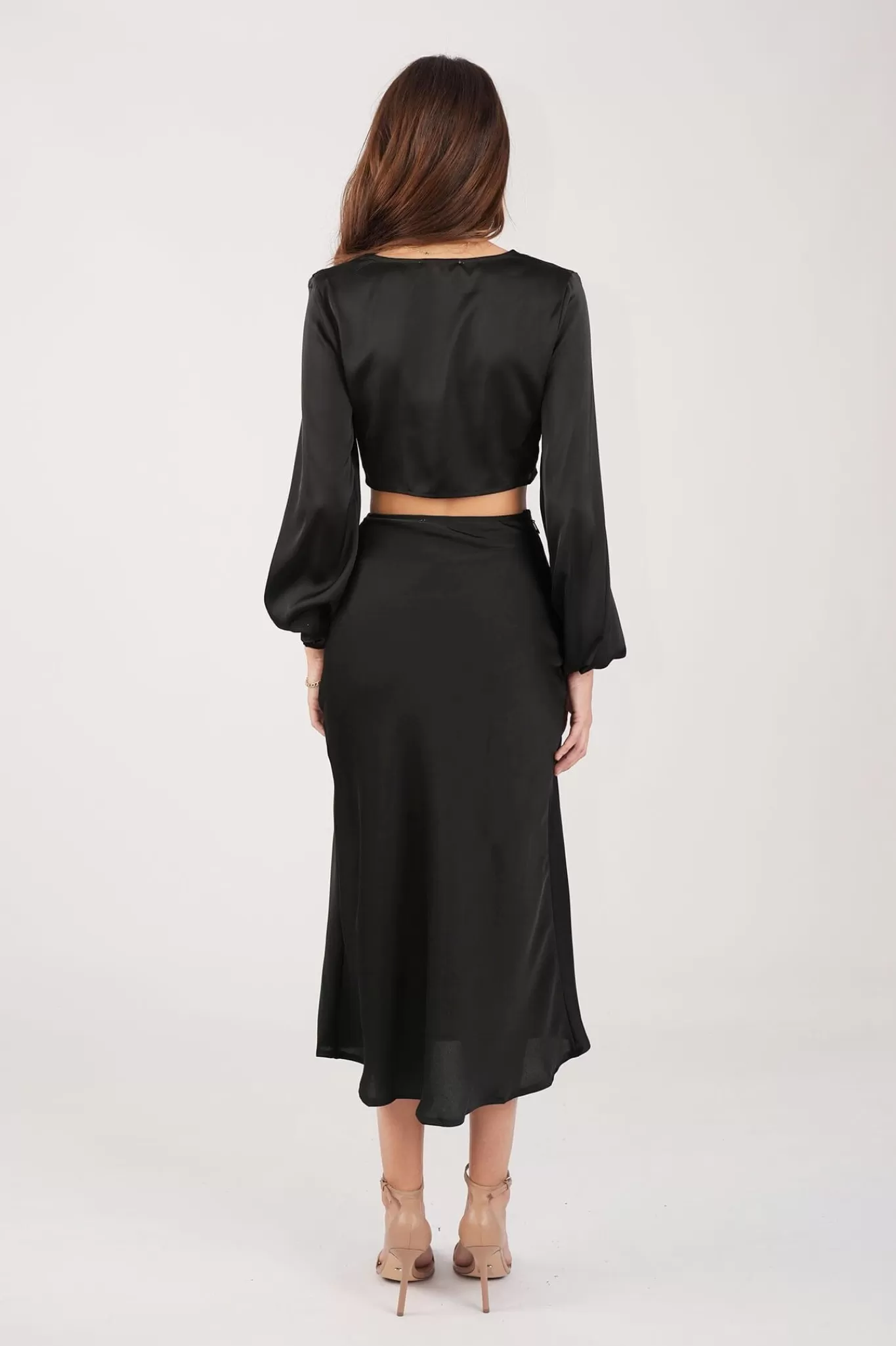 Women Style State Two-Piece Outfits | Long Sleeve Dresses>Quinn Satin Set - Long Sleeve Crop Top and Midi Skirt in Black