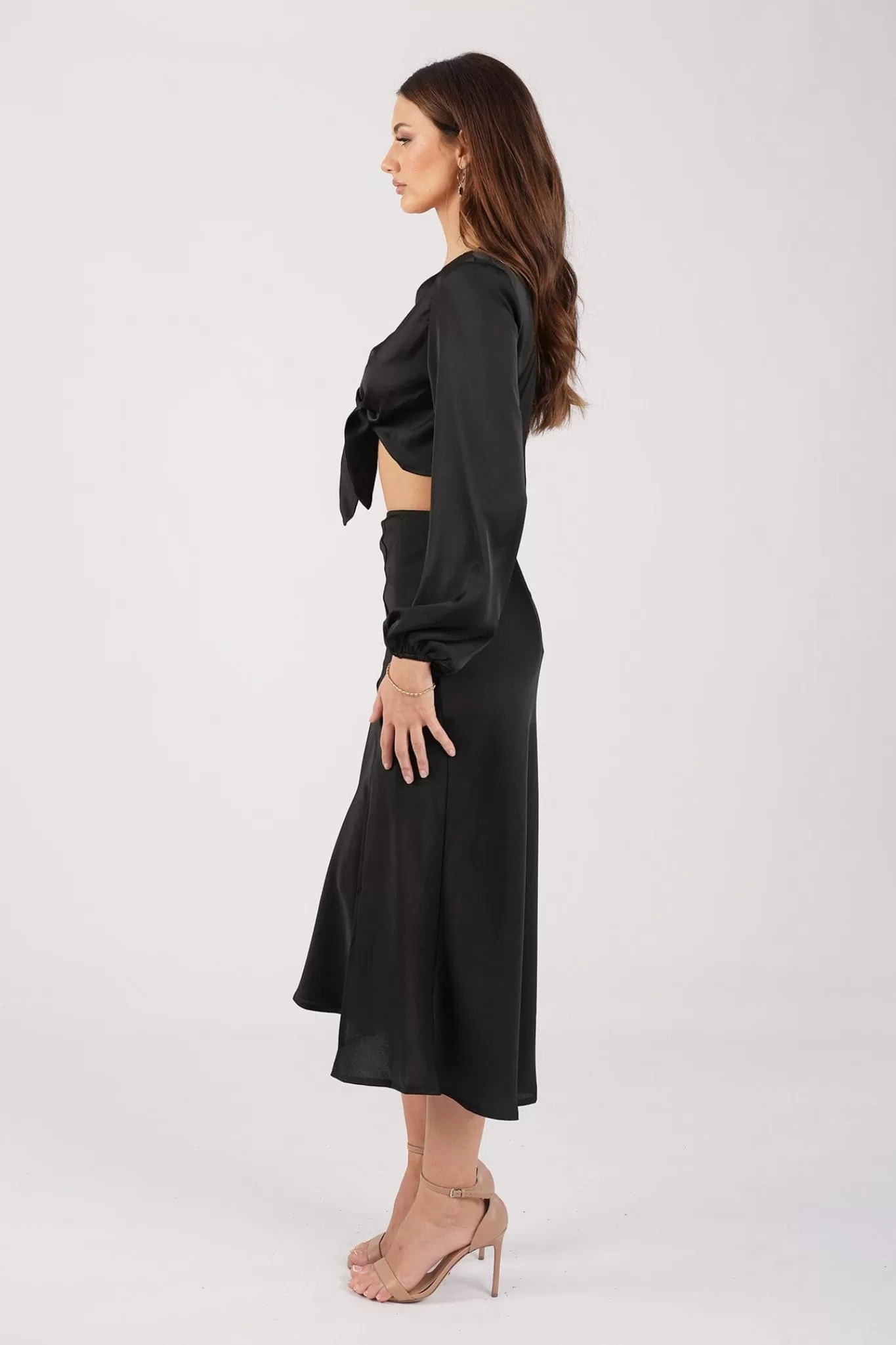 Women Style State Two-Piece Outfits | Long Sleeve Dresses>Quinn Satin Set - Long Sleeve Crop Top and Midi Skirt in Black