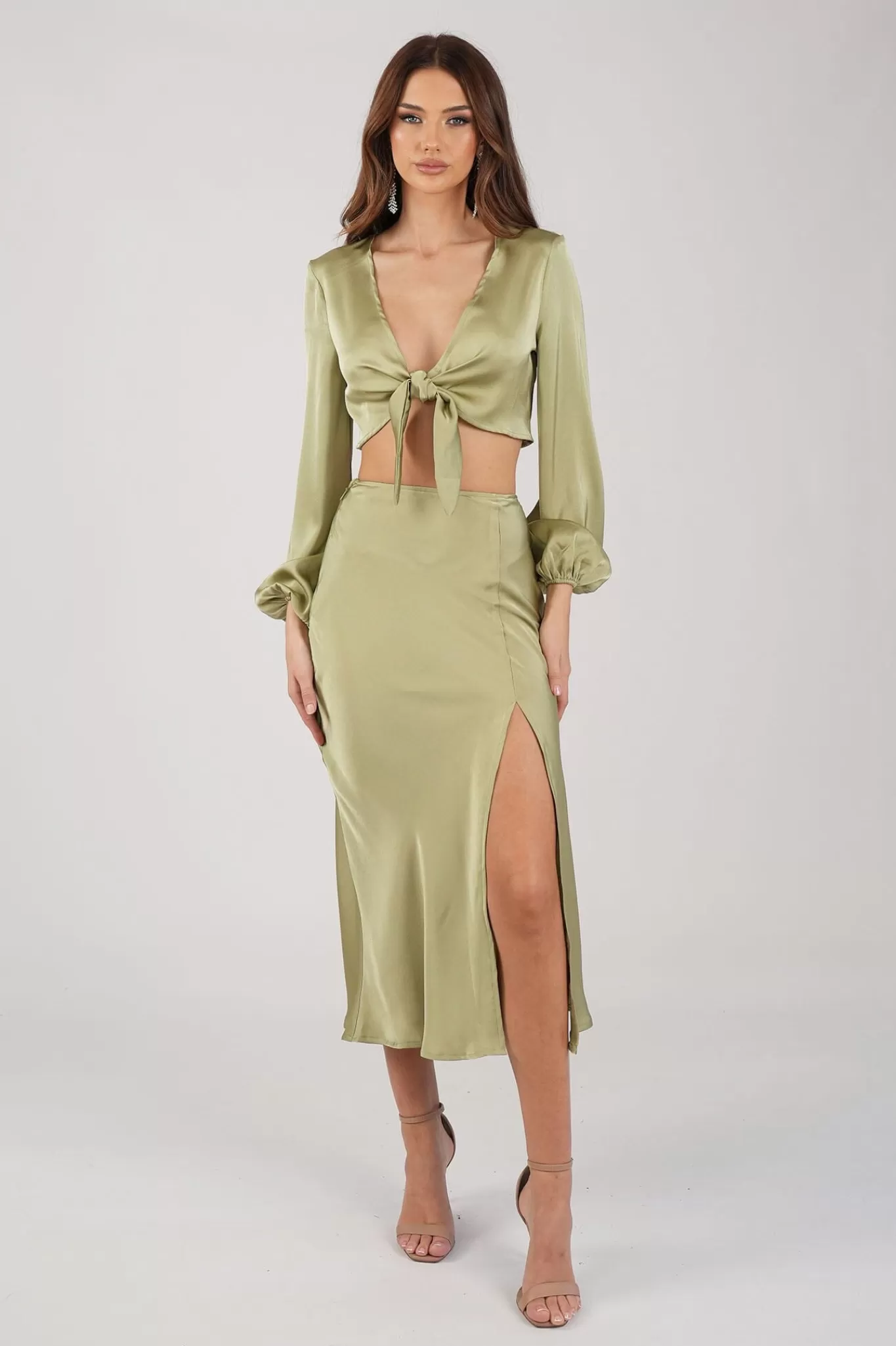 Women Style State Two-Piece Outfits | Satin Dresses>Quinn Satin Set - Long Sleeve Crop Top and Midi Skirt in Olive