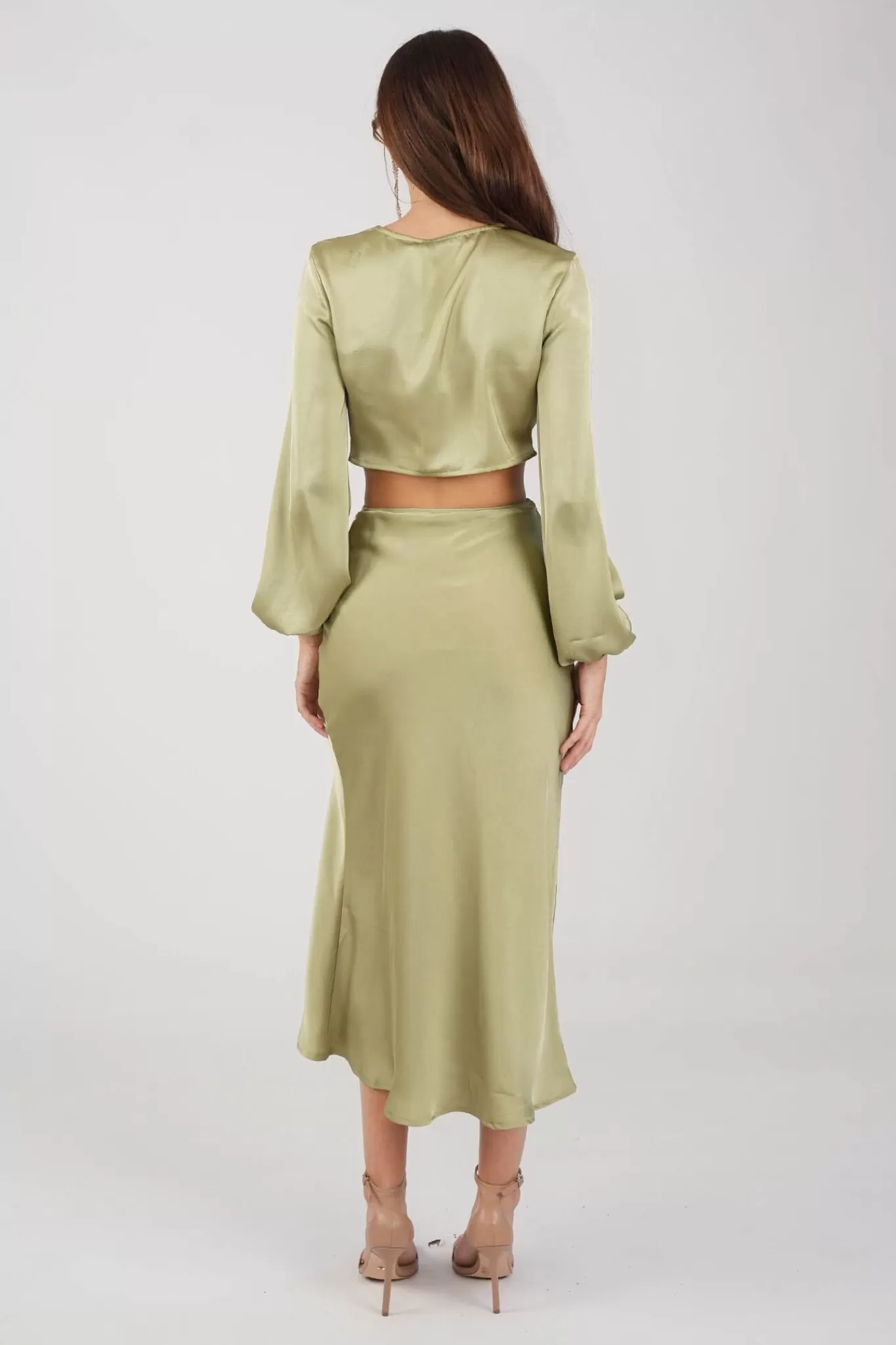Women Style State Two-Piece Outfits | Satin Dresses>Quinn Satin Set - Long Sleeve Crop Top and Midi Skirt in Olive