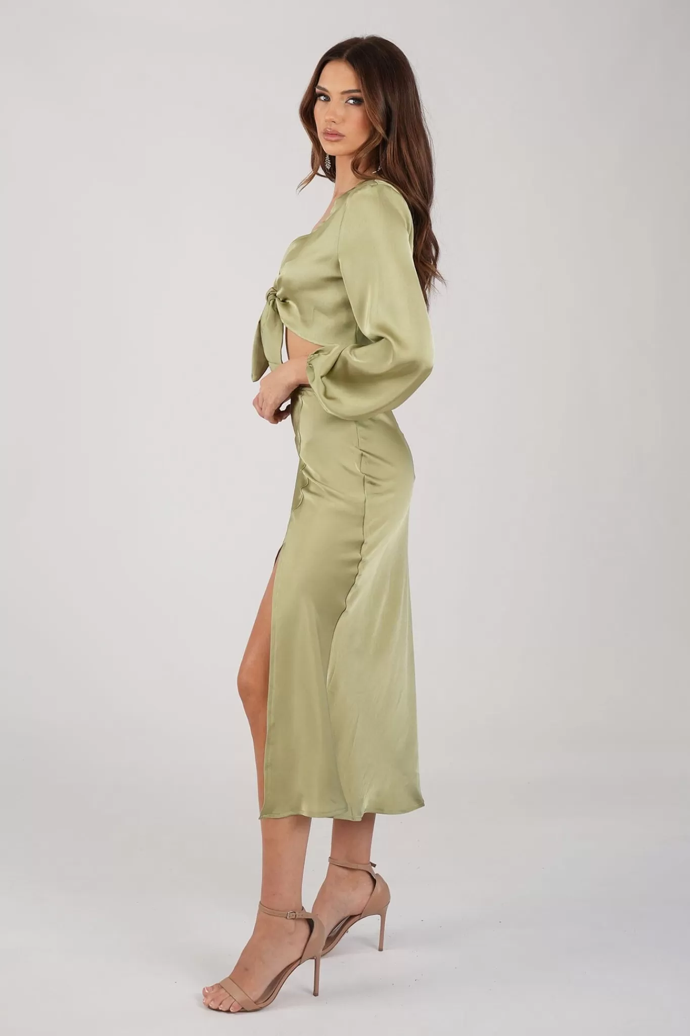 Women Style State Two-Piece Outfits | Satin Dresses>Quinn Satin Set - Long Sleeve Crop Top and Midi Skirt in Olive