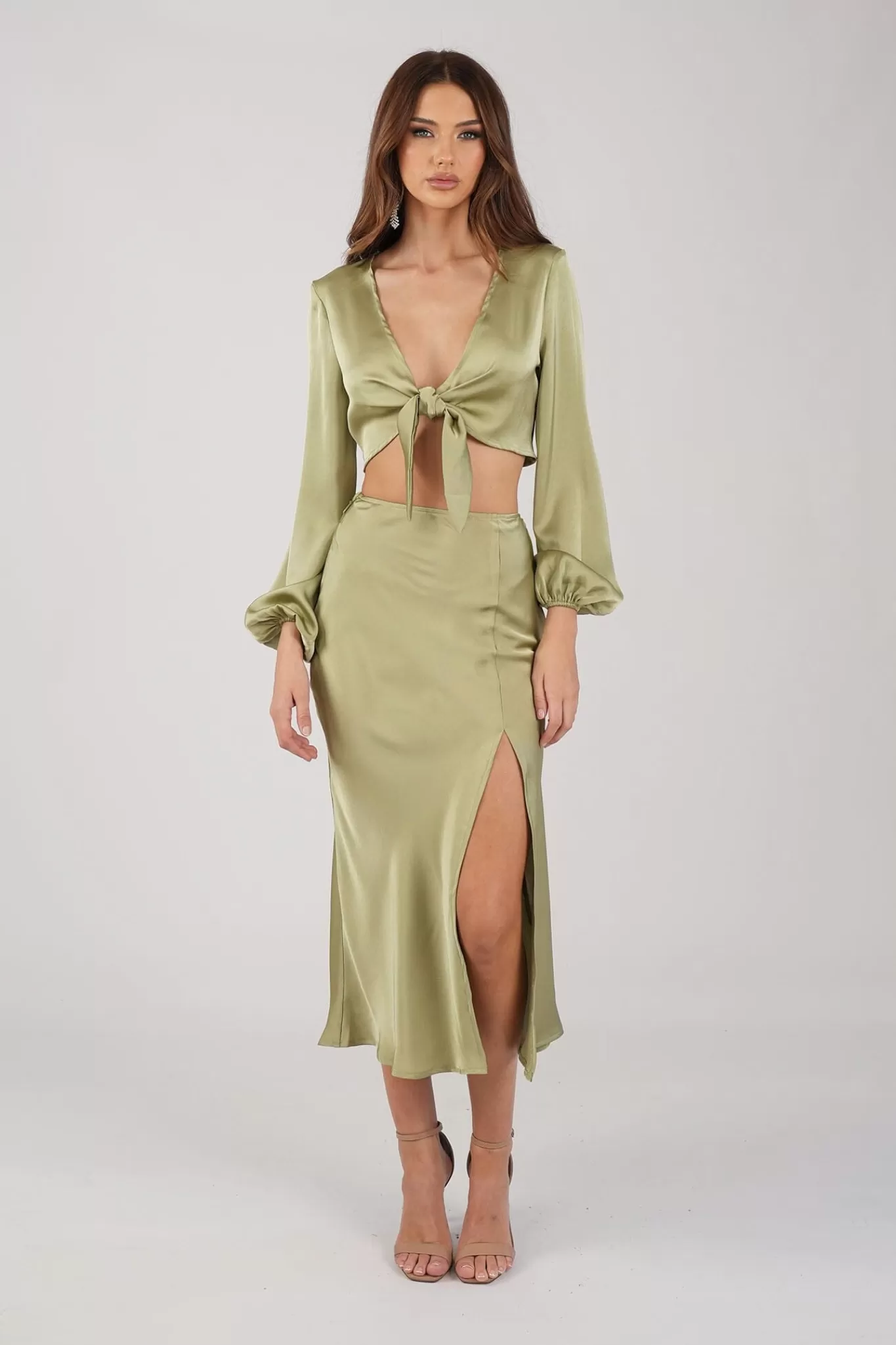 Women Style State Two-Piece Outfits | Satin Dresses>Quinn Satin Set - Long Sleeve Crop Top and Midi Skirt in Olive