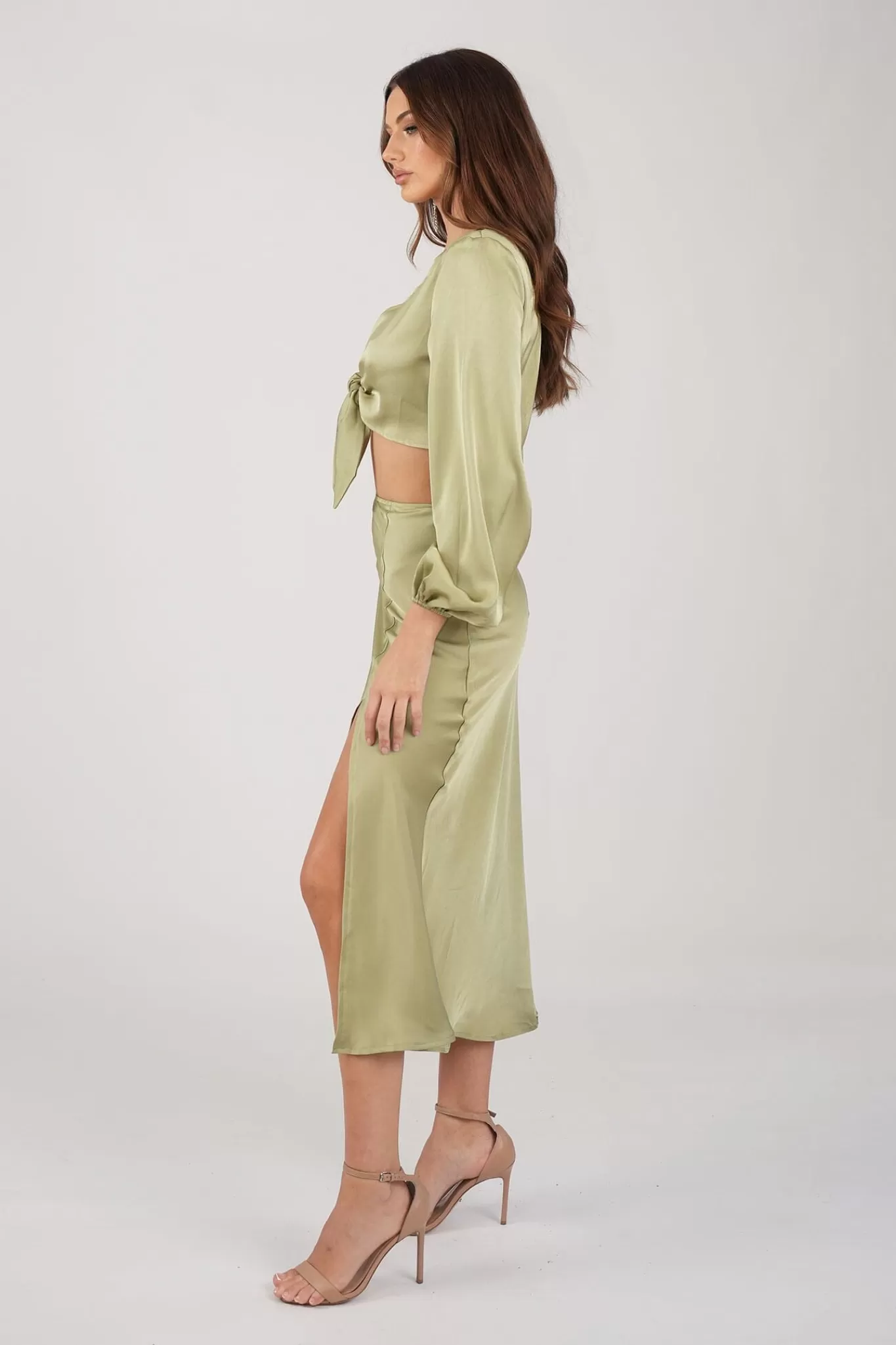 Women Style State Two-Piece Outfits | Satin Dresses>Quinn Satin Set - Long Sleeve Crop Top and Midi Skirt in Olive