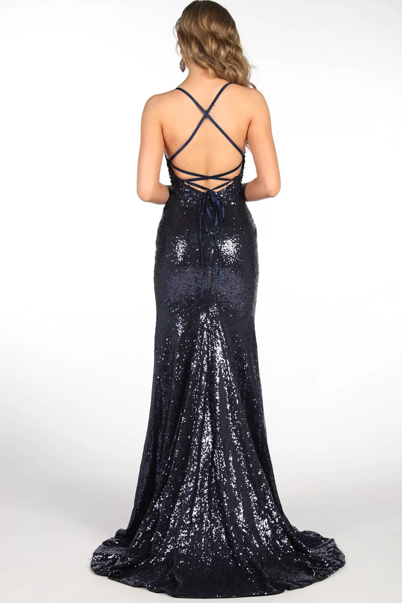 Women NBLUXE Dresses | Backless Dresses>ROSIE LUXE Lace Up Back (No Slit) Sequin Gown - Navy