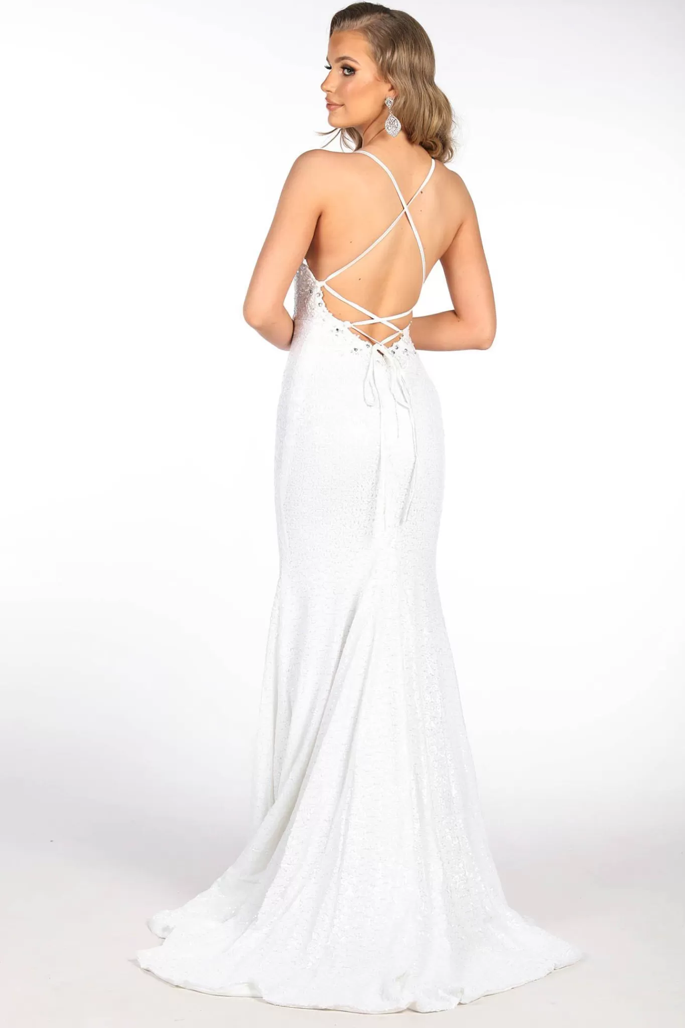 Women NBLUXE Dresses | Backless Dresses>ROSIE LUXE Lace Up Back (No Slit) Sequin Gown - White
