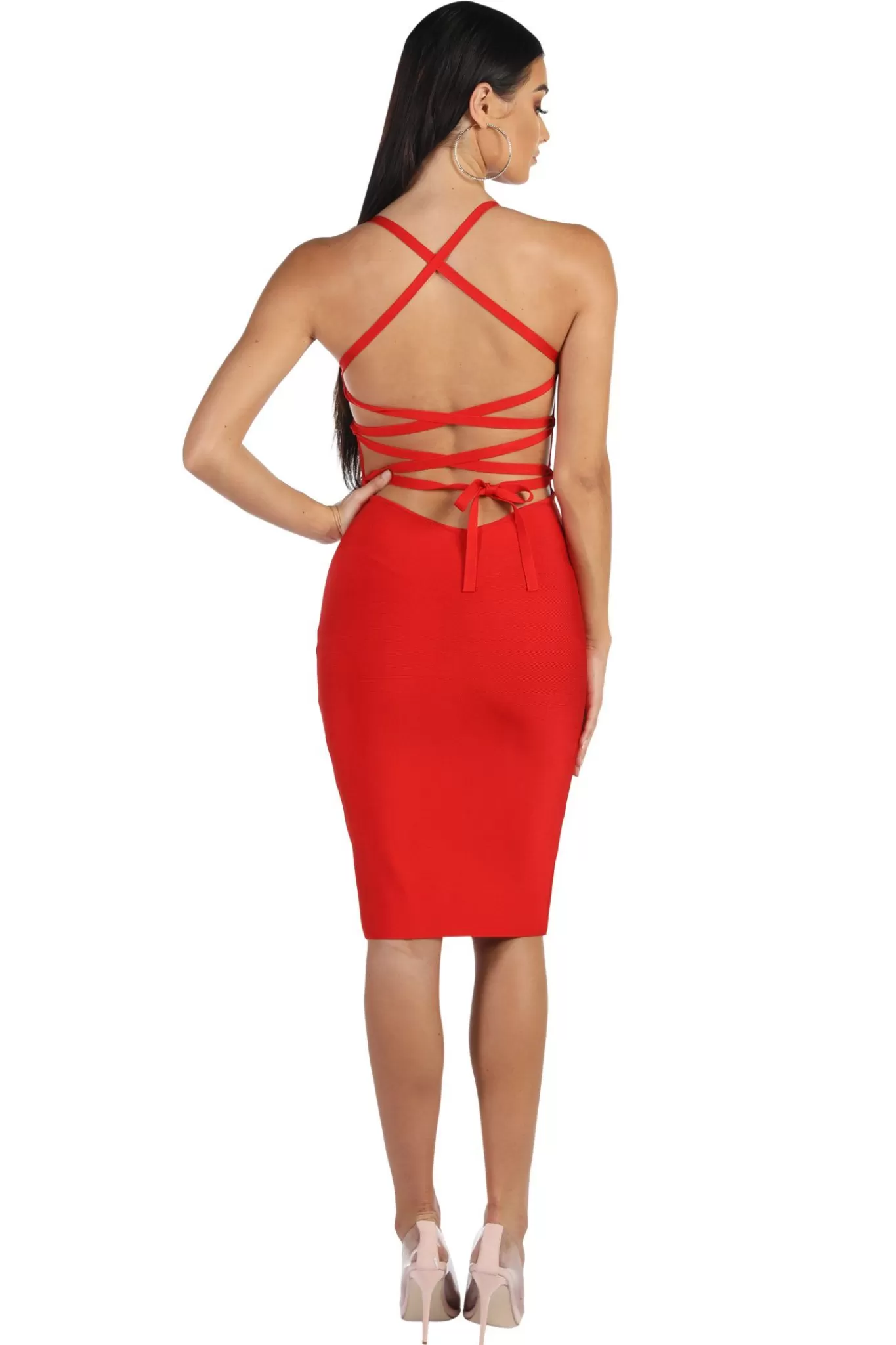 Women Noodz Boutique Dresses | Bandage Dresses>Serena Lace Up Dress - Red (Size L - Clearance Sale)