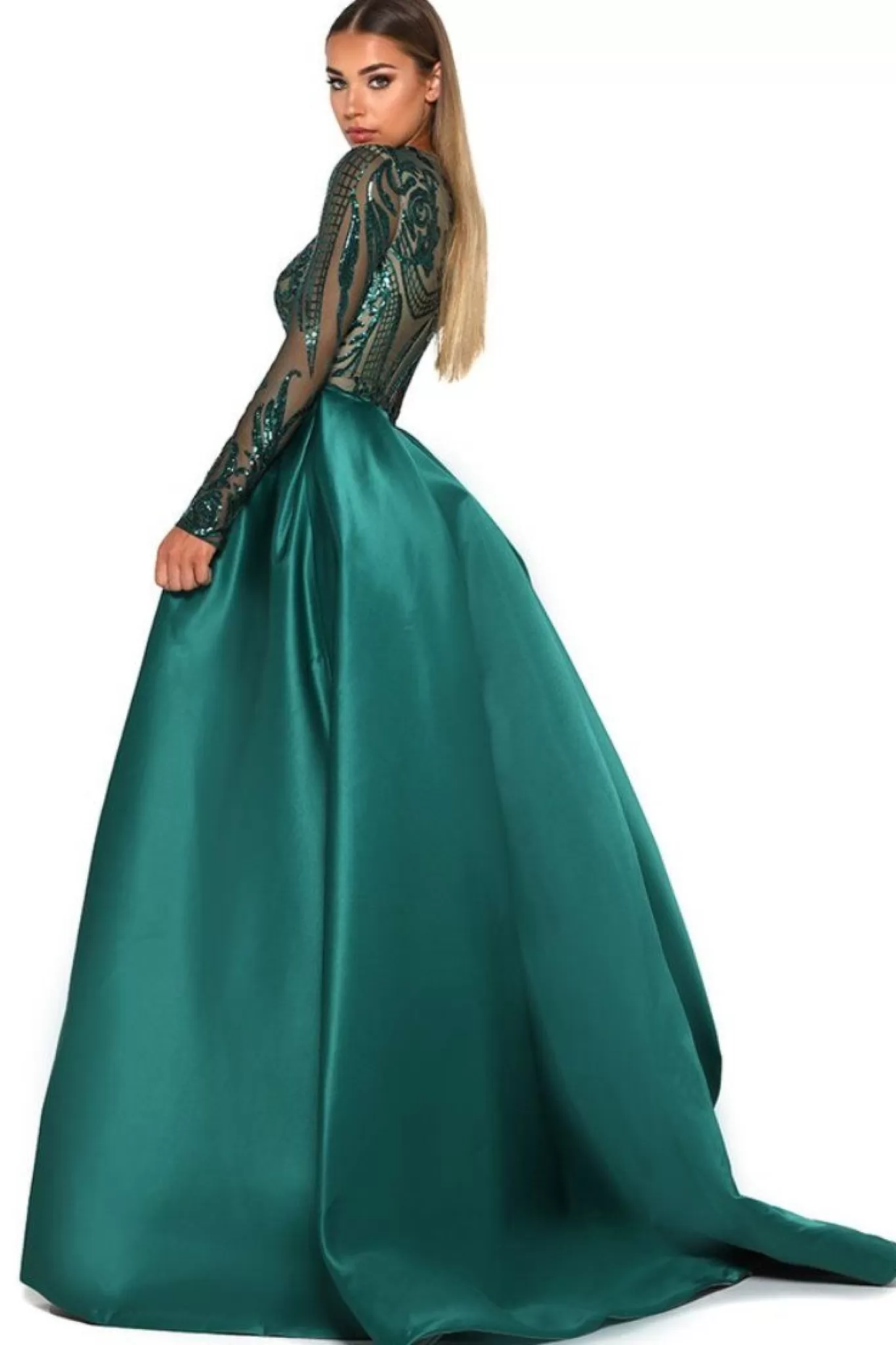 Women Portia & Scarlett Formal Dresses | Dresses>Style 1705 Long Sleeve Gown in Emerald by (Last Pieces - S & XXL)