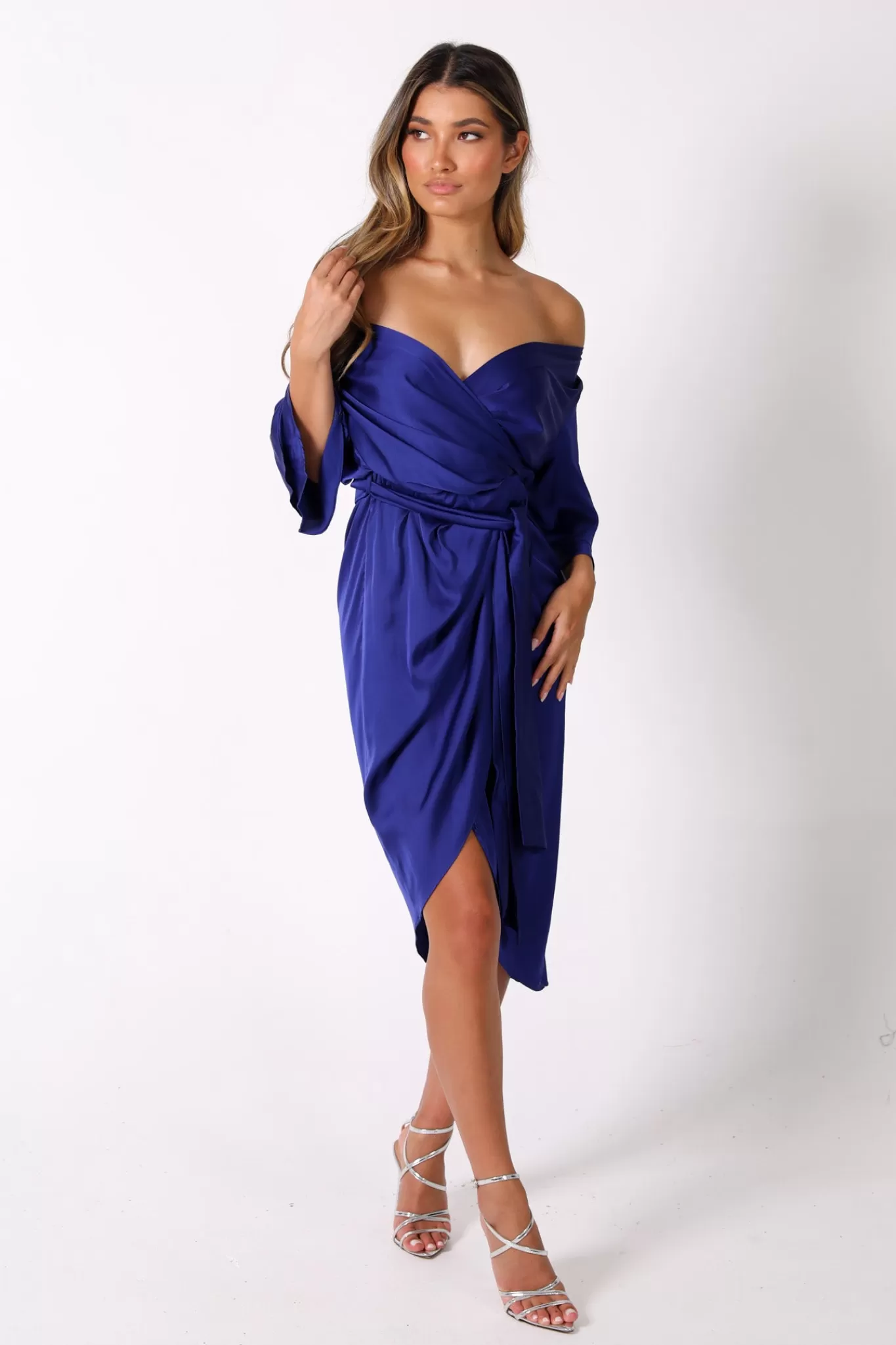 Women Dilvin Dresses | Satin Dresses>Vittoria Satin Off The Shoulder Wrap Dress in Royal Blue