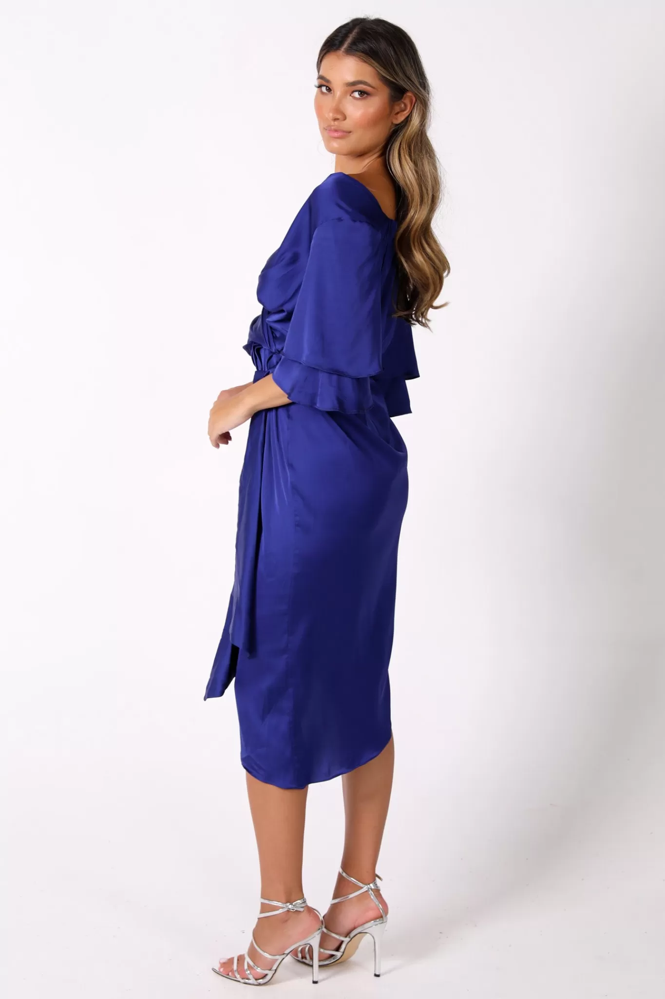 Women Dilvin Dresses | Satin Dresses>Vittoria Satin Off The Shoulder Wrap Dress in Royal Blue