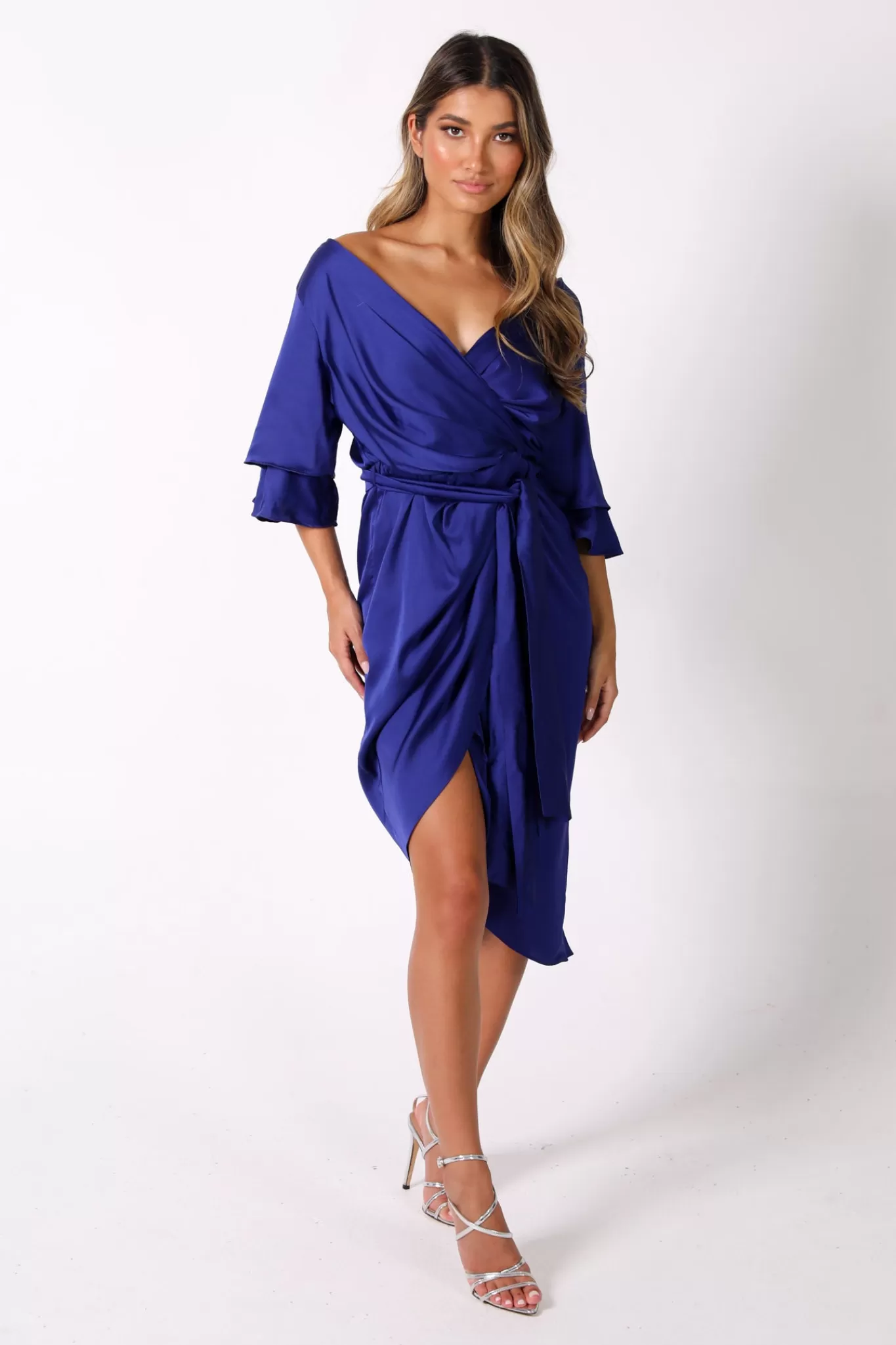 Women Dilvin Dresses | Satin Dresses>Vittoria Satin Off The Shoulder Wrap Dress in Royal Blue