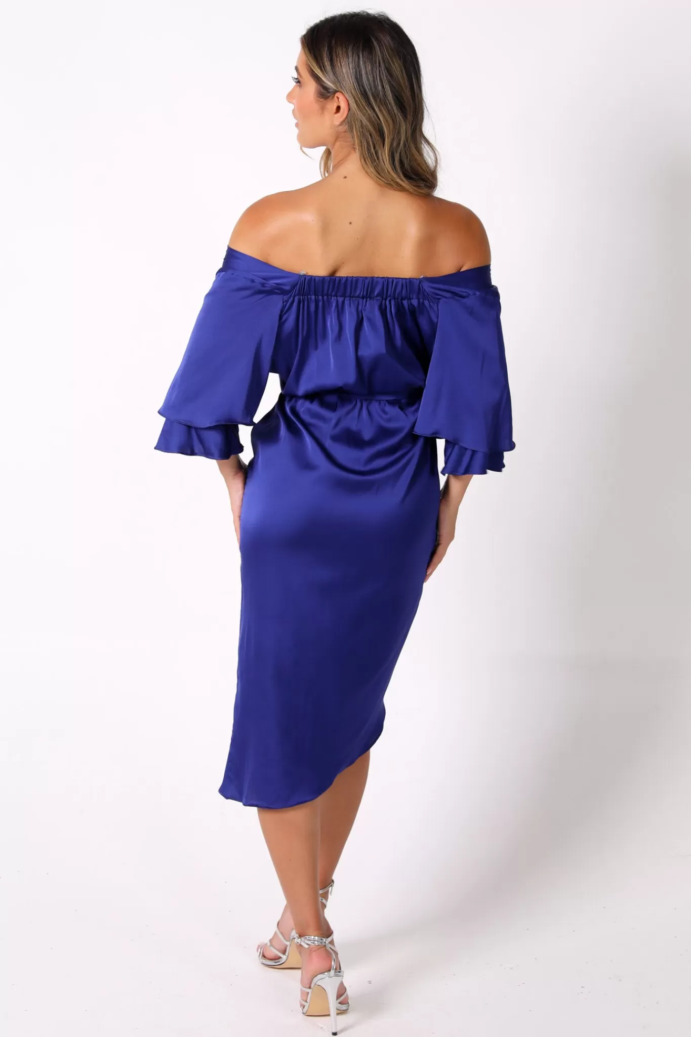 Women Dilvin Dresses | Satin Dresses>Vittoria Satin Off The Shoulder Wrap Dress in Royal Blue